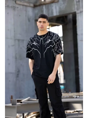 Unisex Bisiklet Yaka Baskılı Oversize Thirt  iyah