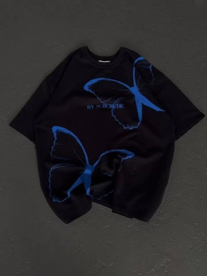 Unisex Bisiklet Yaka Baskılı Oversize Thirt  iyah