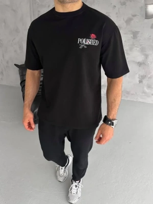 Unisex Bisiklet Yaka Baskılı Oversize Thirt  iyah