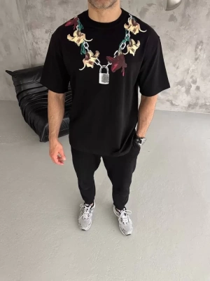 Unisex Bisiklet Yaka Baskılı Oversize Thirt  iyah