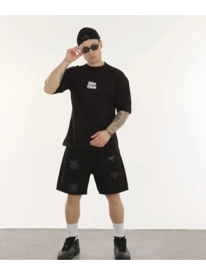 Unisex Bisiklet Yaka Baskılı Oversize Thirt  iyah