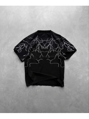 Unisex Bisiklet Yaka Baskılı Oversize Thirt  iyah