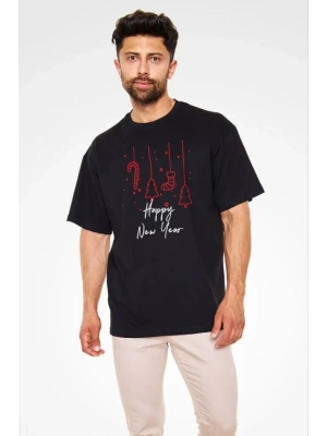 Unisex Bisiklet Yaka Baskılı Oversize Thirt  iyah