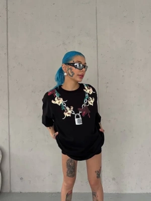 Unisex Bisiklet Yaka Baskılı Oversize Thirt  iyah