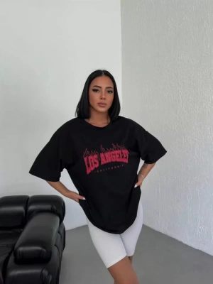 Unisex Bisiklet Yaka Baskılı Oversize Thirt  iyah