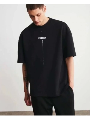 Unisex Bisiklet Yaka Baskılı Oversize Thirt  iyah