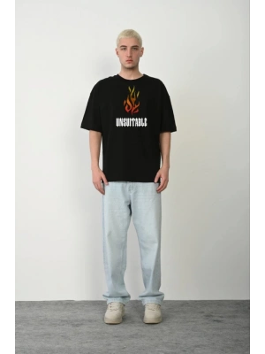 Unisex Bisiklet Yaka Baskılı Oversize Thirt  iyah