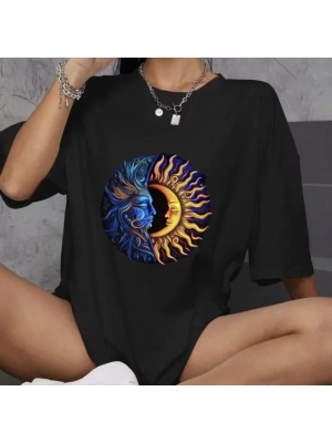 Unisex Bisiklet Yaka Baskılı Oversize Thirt  iyah