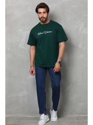 Unisex Bisiklet Yaka Baskılı Oversize Thirt  Yeşil