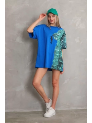Unisex Bisiklet Yaka Baskılı Oversize TShirt  avi