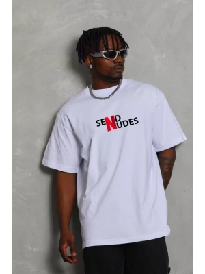 Unisex Bisiklet Yaka Double Oversize Baskılı Thirt  Beyaz