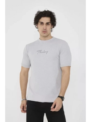 Unisex Bisiklet Yaka lim Fit Thirt Boyalı Gri