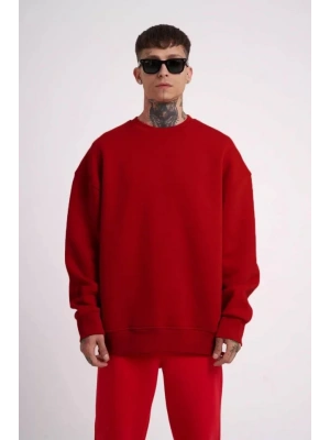 Unisex Biskilet Yaka Üç İplik weathirt  Kırmızı