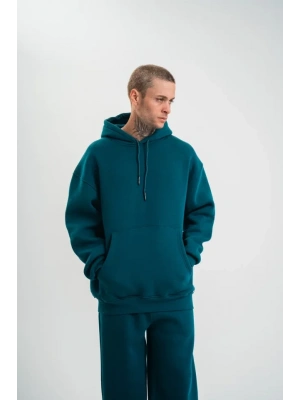 Unisex Double Oversize Kapşonlu Basic SweatShirt  Koyu Deniz Yeşili