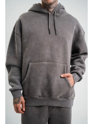 Unisex Double Oversize Kapşonlu Yıkamalı weathirt  Füme