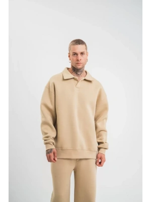 Unisex Double Oversize Patlı Yaka weathirt  Bej