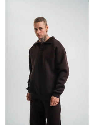 Unisex Double Oversize Patlı Yaka weathirt  Kahve