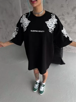 Unisex Flok Kabartma Baskılı Thirt  iyah