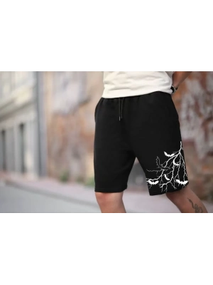 Unisex İki İplik Baskılı Oversize Şort  iyah