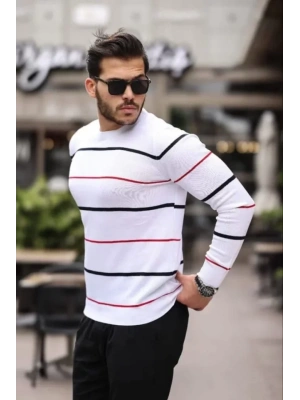 Unisex İnce Çizgili Bisiklet Yaka Triko Kazak  Beyaz