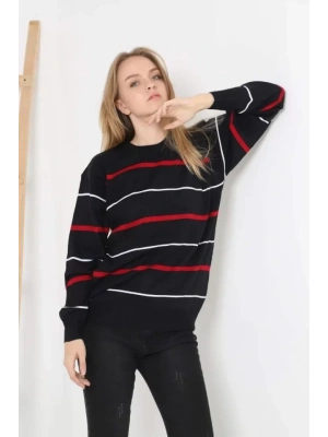 Unisex İnce Çizgili Bisiklet Yaka Triko Kazak  Siyah