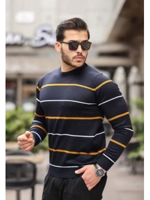 Unisex İnce Çizgili Bisiklet Yaka Triko Kazak  Siyah