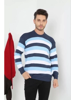 Unisex Kalın Çizgili Bisiklet Yaka Triko Kazak  avi