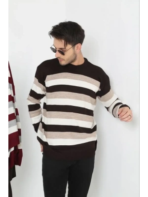 Unisex Kalın Çizgili Bisiklet Yaka Triko Kazak  Bej