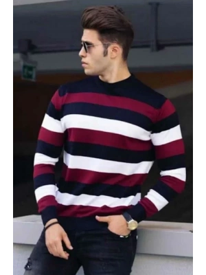 Unisex Kalın Çizgili Bisiklet Yaka Triko Kazak  Bordo