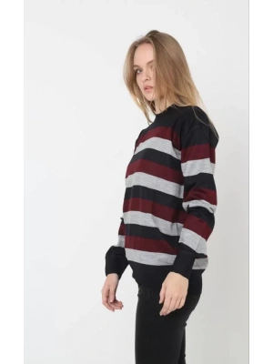 Unisex Kalın Çizgili Bisiklet Yaka Triko Kazak  Bordo