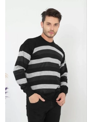 Unisex Kalın Çizgili Bisiklet Yaka Triko Kazak  Füme