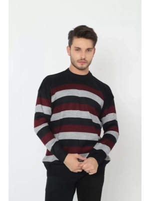 Unisex Kalın Çizgili Bisiklet Yaka Triko Kazak  Gri