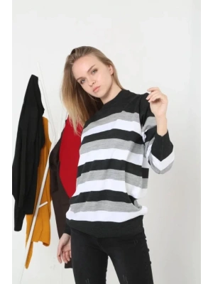 Unisex Kalın Çizgili Bisiklet Yaka Triko Kazak  Gri