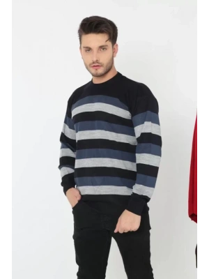 Unisex Kalın Çizgili Bisiklet Yaka Triko Kazak  Indigo