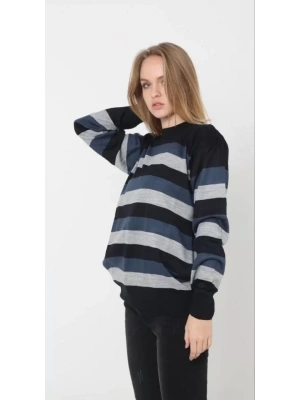 Unisex Kalın Çizgili Bisiklet Yaka Triko Kazak  Siyah