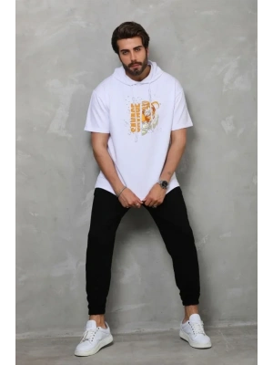 Unisex Kapşonlu Kısa Kol Oversize Baskılı Thirt  Beyaz