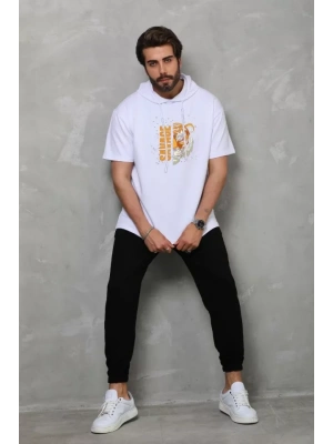 Unisex Kapşonlu Kısa Kol Oversize Baskılı Thirt  Beyaz