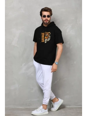 Unisex Kapşonlu Kısa Kol Oversize Baskılı Thirt  iyah