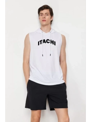 Unisex Kapşonlu Kolsuz Baskılı Oversize Tshirt  Beyaz