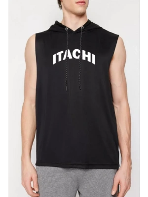 Unisex Kapşonlu Kolsuz Baskılı Oversize Tshirt  iyah