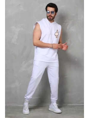 Unisex Kapşonlu Kolsuz Oversize Baskılı Tişört  Beyaz