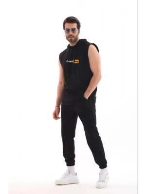 Unisex Kapşonlu Kolsuz Oversize Baskılı Tişört  iyah