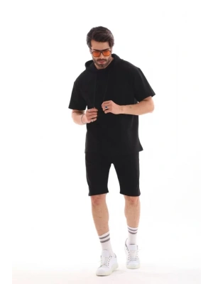 Unisex Kapşonlu Oversize Thirt Şortlu Takım  iyah