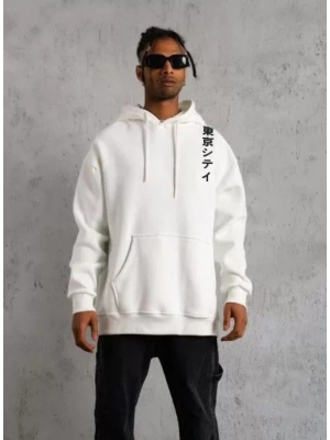 Unisex Kapşonlu Uzun Kol Baskılı weetshirt  Beyaz