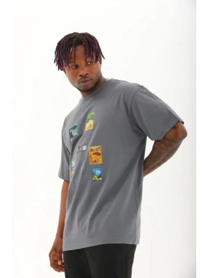 Unisex Oversize Baskılı Bisiklet Yaka Thirt  Füme