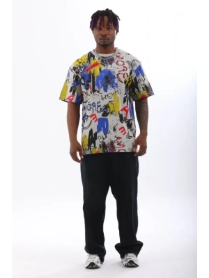 Unisex Oversize Baskılı Bisiklet Yaka Thirt  Gri