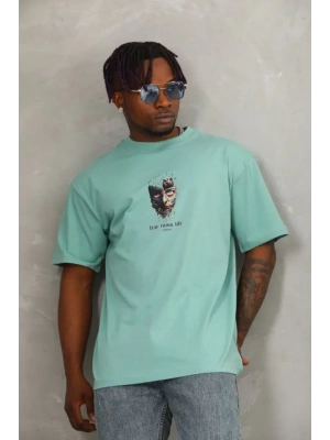 Unisex Oversize Baskılı Bisiklet Yaka Thirt  int Yeşili