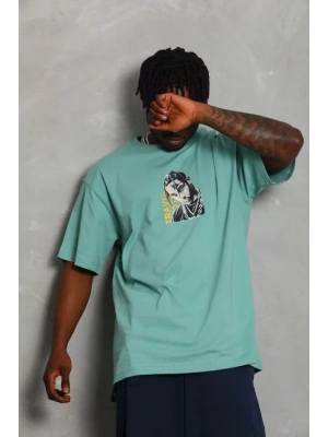 Unisex Oversize Baskılı Bisiklet Yaka Thirt  int Yeşili