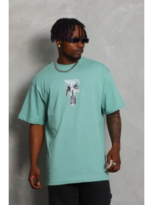 Unisex Oversize Baskılı Bisiklet Yaka Thirt  int Yeşili