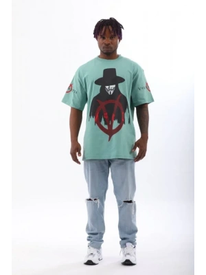 Unisex Oversize Baskılı Bisiklet Yaka Thirt  int Yeşili